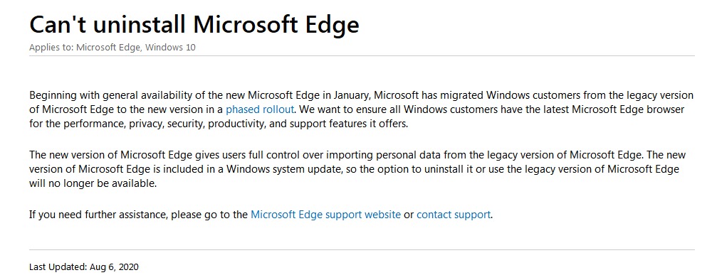 Microsoft新版本的Edge已成为Windows系统的重要组成部分并且不再提供卸载选项图片