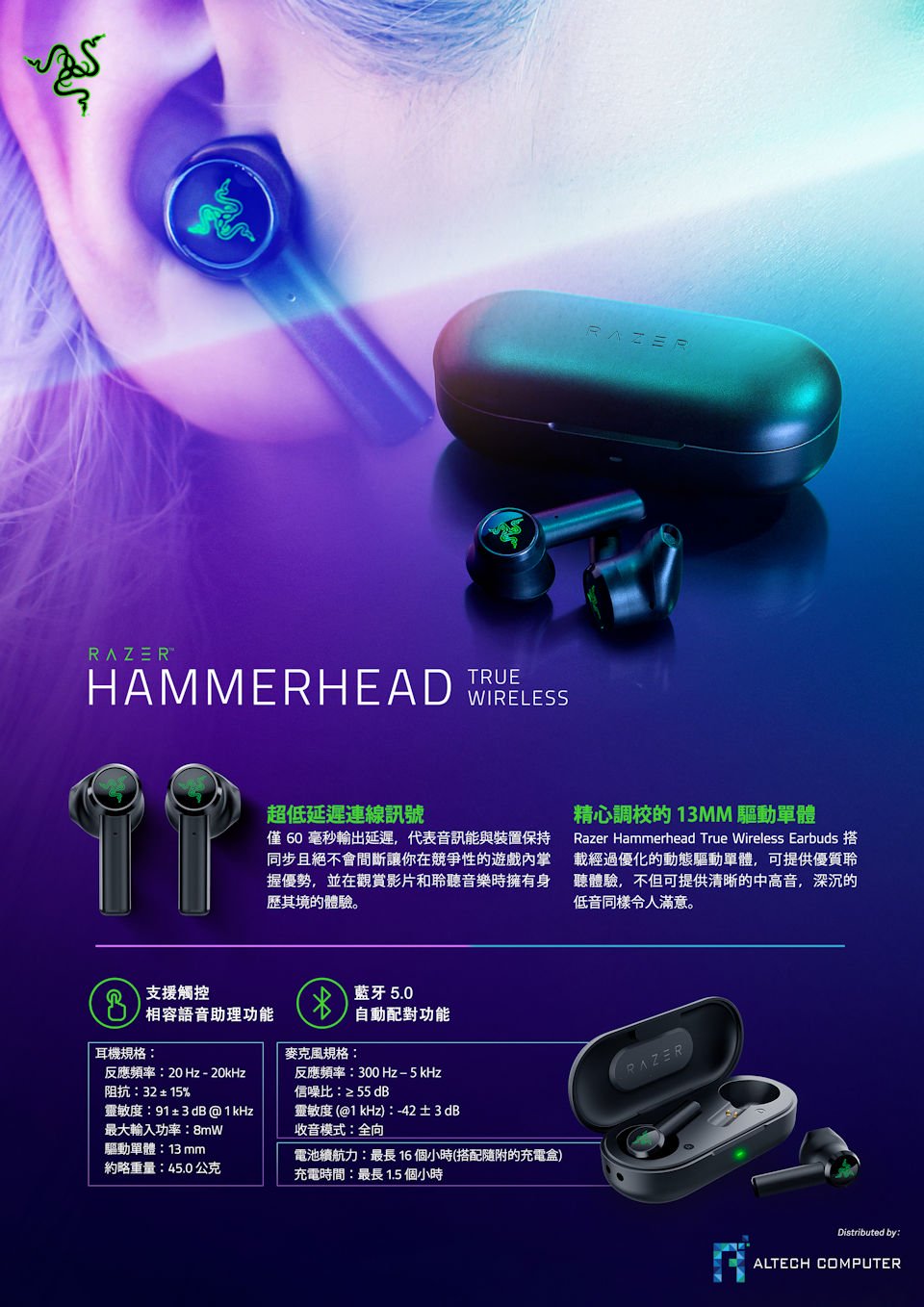 [60ms超低延迟完美的声音和声音同步] Razer Hammerhead True Wireless无线耳机图片
