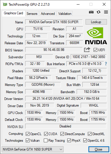 升级TU116-250GDDR6 微星GeForce GTX 1650 SUPER Gaming X图片